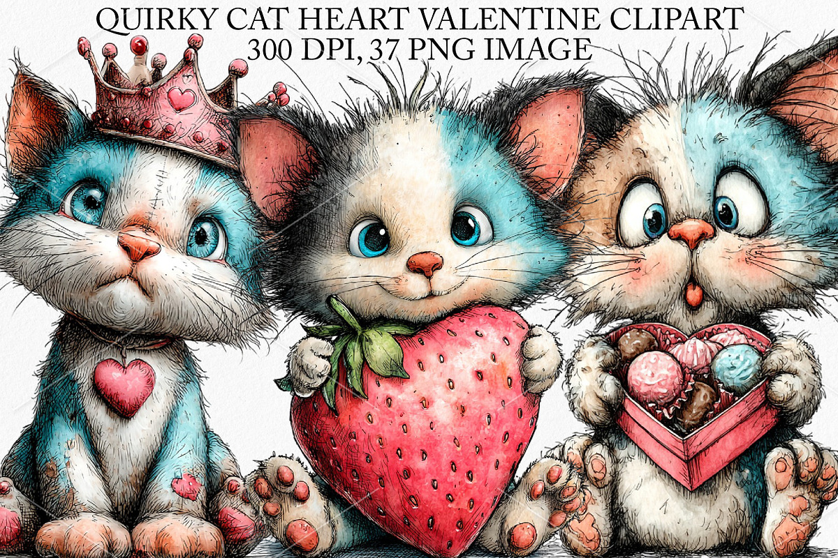 Quirky Cat Heart Valentine Clipart, an Illustration by Canvas Craft (Photo 1 of 7)