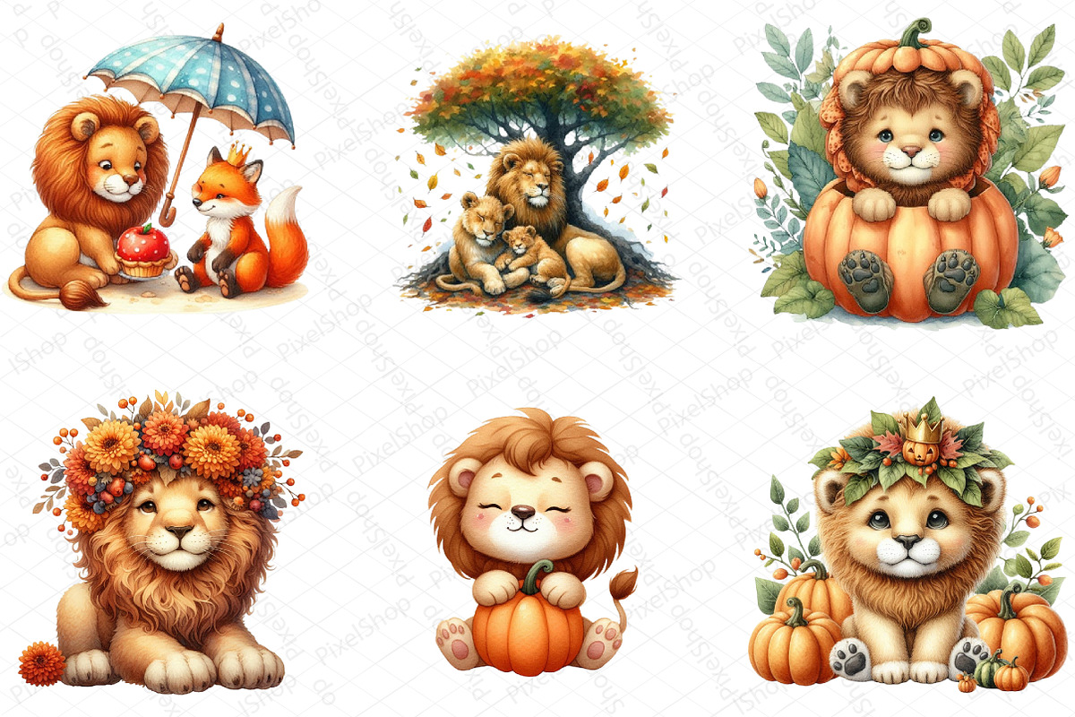 Watercolor Autumn Lion Clipart, an Illustration by DreamPrint404 (Photo 2 of 6)