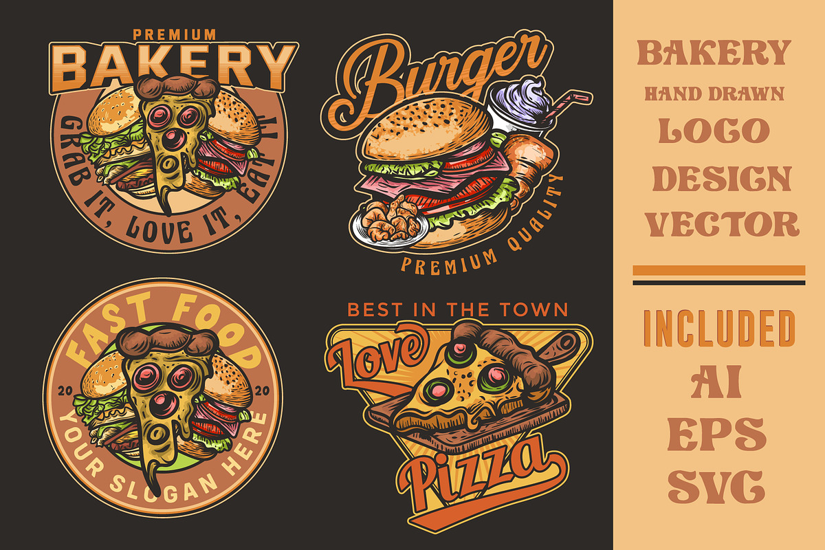 set of pizza, burger labels, a Branding & Logo Template by Billah Hub