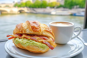 Croissant sandwich with meat, cheese, vegetables and white cup of coffee on woo, a Food & Drink Photo by AlyaAnd