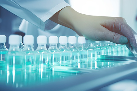 Gloved hand inspecting medical vials, a Photo by SaroStock