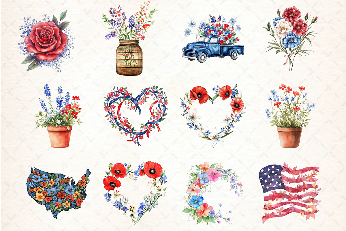 watercolor floral 4th of july, an Illustration by DreamCafeArt (Photo 2 of 5)
