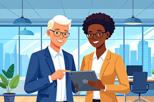 Coworkers pointing at a tablet and smiling, symbolizing knowledg, an Education Illustration by DanFLCreativo