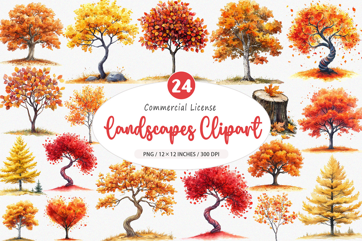 Watercolor Fall Landscapes Clipart, an Illustration by SinaCreation (Photo 1 of 5)