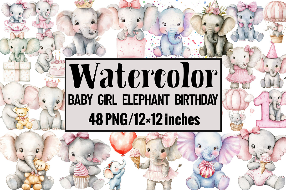 Baby Girl Elephant Birthday, an Illustration by Design Market (Photo 1 of 3)