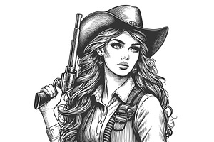 Western Cowgirl Holding Revolver, a Person Illustration by AlexArt