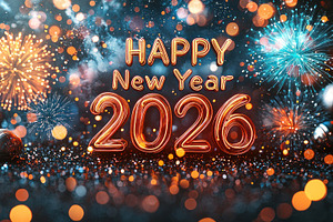 Festive happy new year 2026 greeting with glowing text fireworks, a Background Photo by José Manuel Gelpi