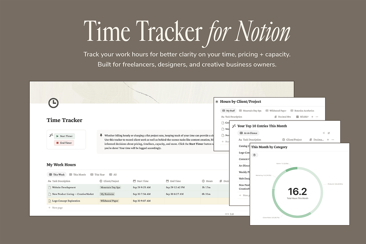 Time Tracker Notion Template, a Marketing Template by MARA Design Co. (Photo 1 of 5)