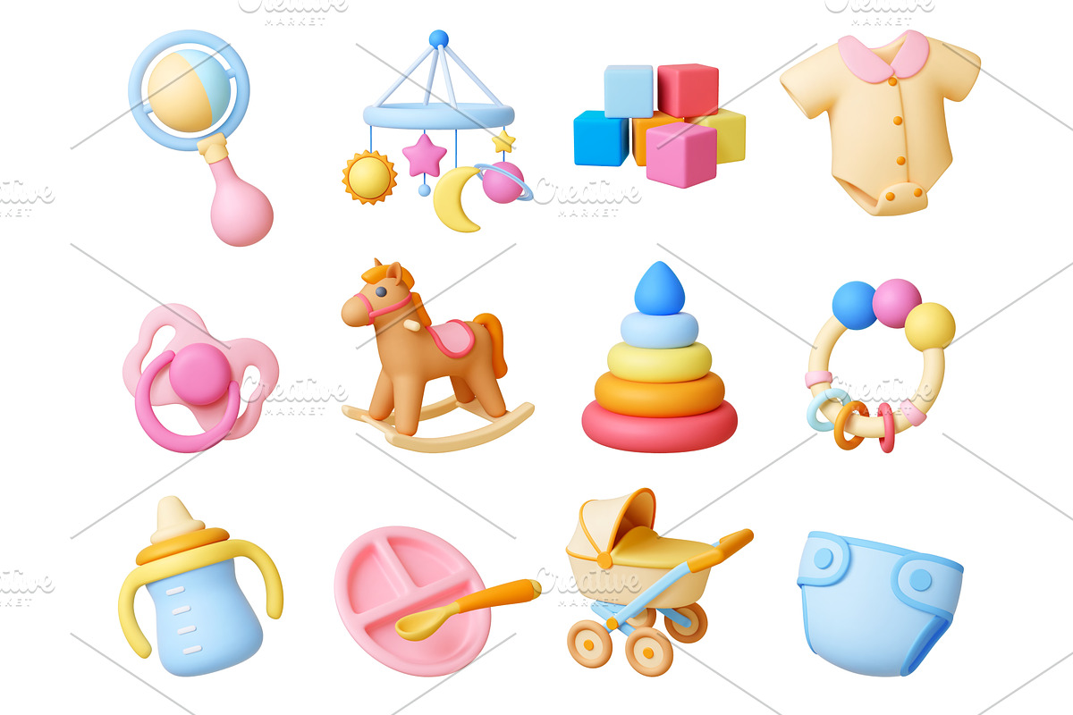 Baby care 3d elements. Stroller toys, an Object Illustration by Valerie Bodnar