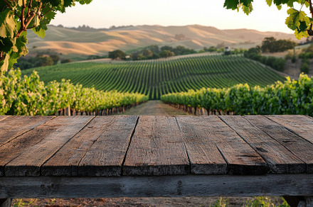 Rustic wooden table overlooking vine, a Background Photo by Pixeness