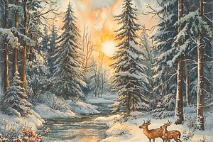 Watercolor Frozen River Forest