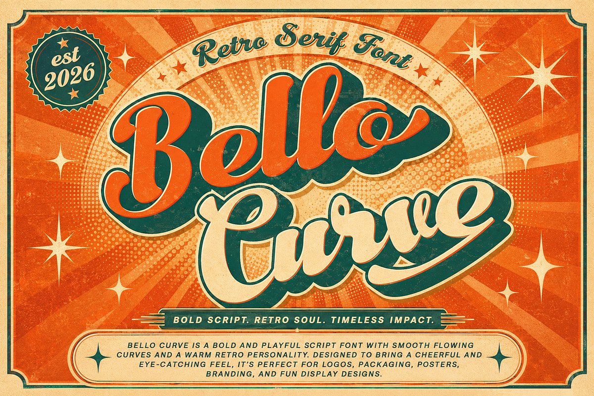 Bello Curve - Retro Script Font, a Script Font by Letterara (Photo 1 of 14)