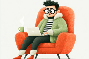 Cozy remote worker using laptop in orange armchair illustration, a Business Photo by José Manuel Gelpi