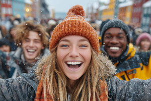 Joyful students celebrating together outdoors in a vibrant winter setting, a Photo by AS photostudio