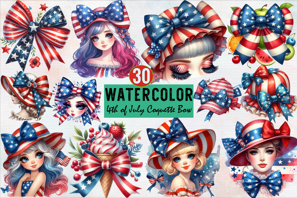 Watercolor 4th of July Coquette Bow, an Illustration by SVGArt (Photo 1 of 8)