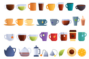 Tea Icons Set, Cartoon Style