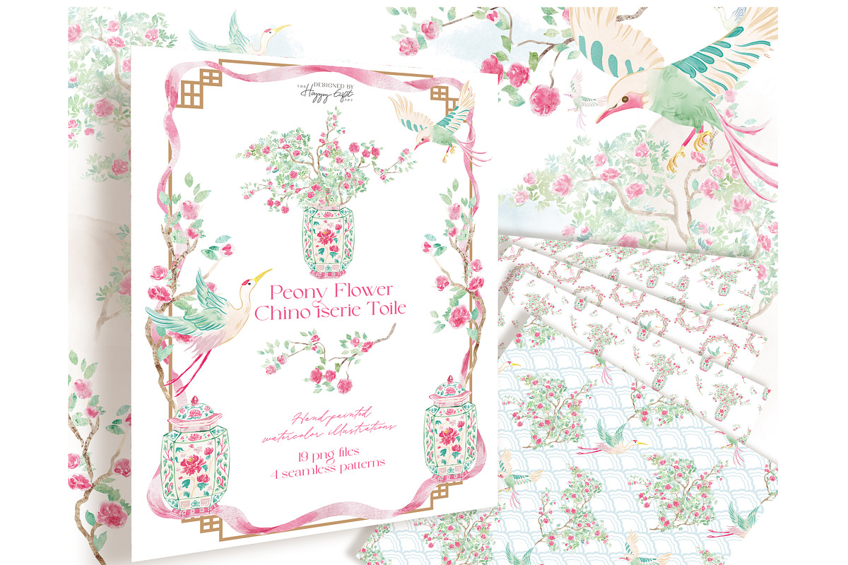 Peony chinoiserie toile cliparts, a Decorative Illustration by TheHappyGiftArt (Photo 10 of 11)