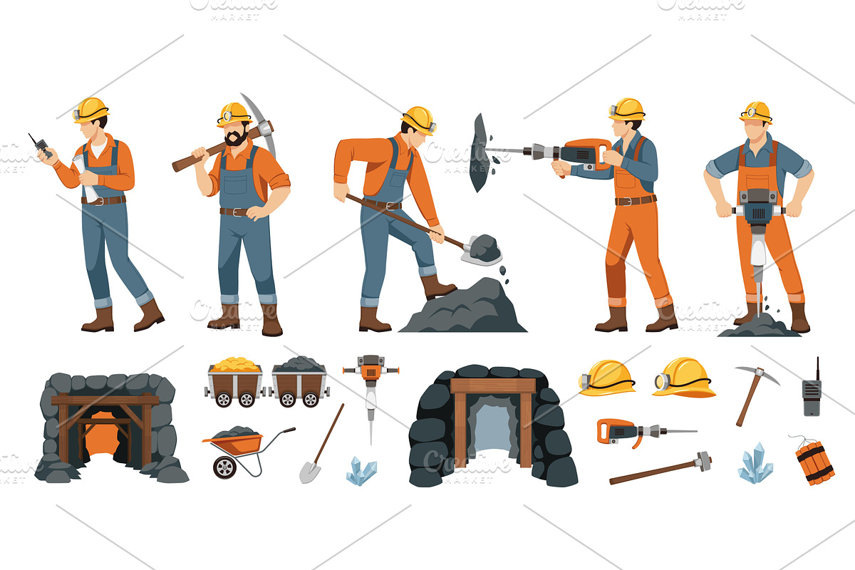 Miners and elements. Cartoon mine, an Illustration by YummyBuum