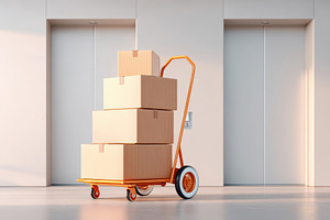 Hand truck with stacked boxes in modern hallway, an Industrial Photo by AlyaAnd