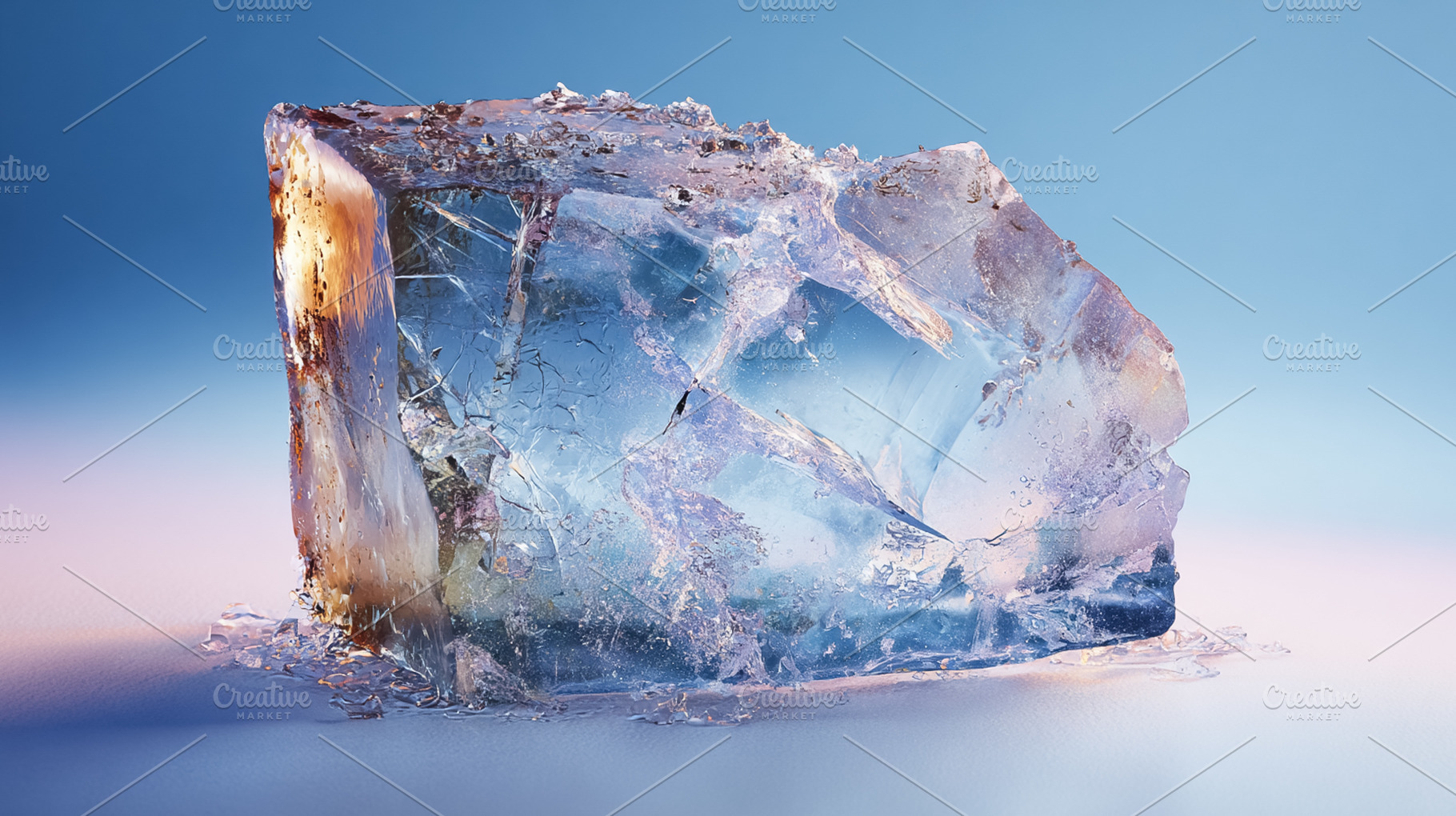 Ice cube melting with dramatic light reflections and abstract blue, purple, and, a Photo by Studio ANNA