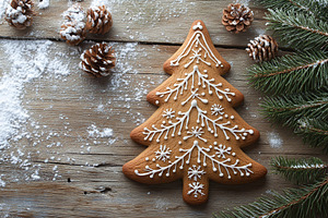 Christmas gingerbread fir tree cookie with fir tree branch and cones on wooden, a Food & Drink Photo by AlyaAnd