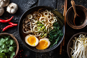 Flat lay of ramen soup, ingredients, a Food & Drink Photo by MistyDay