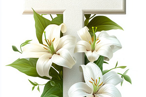 A serene white cross adorned with elegant white lilies and lush green leaves, s, a Background Photo by ImageMir