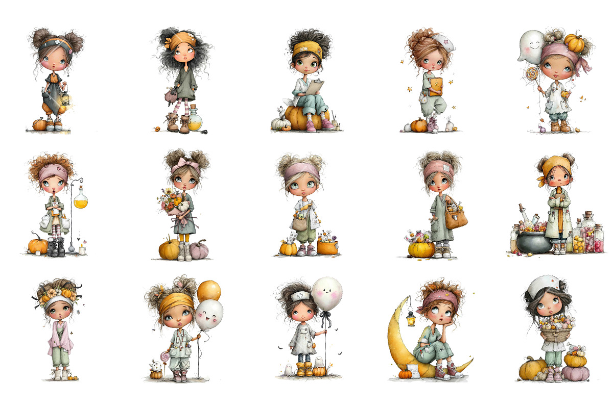Watercolor Halloween Nurse Clipart, a Seasonal Illustration by OK Design (Photo 3 of 6)