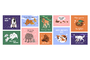 Mother's Day cards with animals set, an Animal Illustration by PaperTrident