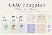Cute Penguins Watercolor Collection, an Animal Illustration by ElicoelhoDesign Shop (Thumbnail 1 of 5)