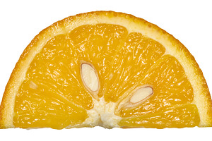 A slice of bright orange orange with visible segments of pulp an, a Food & Drink Photo by ndanko