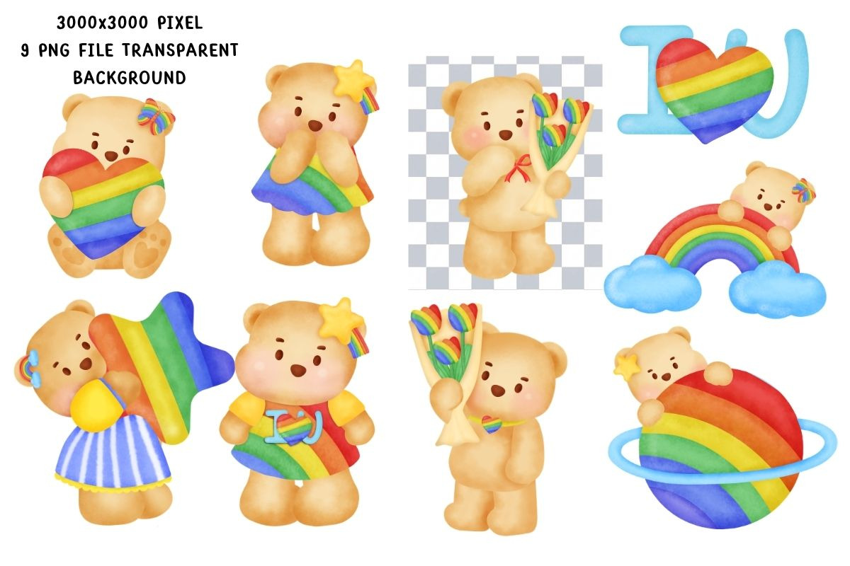 Pride Bear Watercolor Clipart Set, an Animal Illustration by Nattapohncha (Photo 2 of 3)