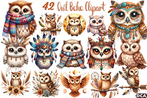 Watercolor Owl Boho Clipart, an Illustration by DreamCafeArt