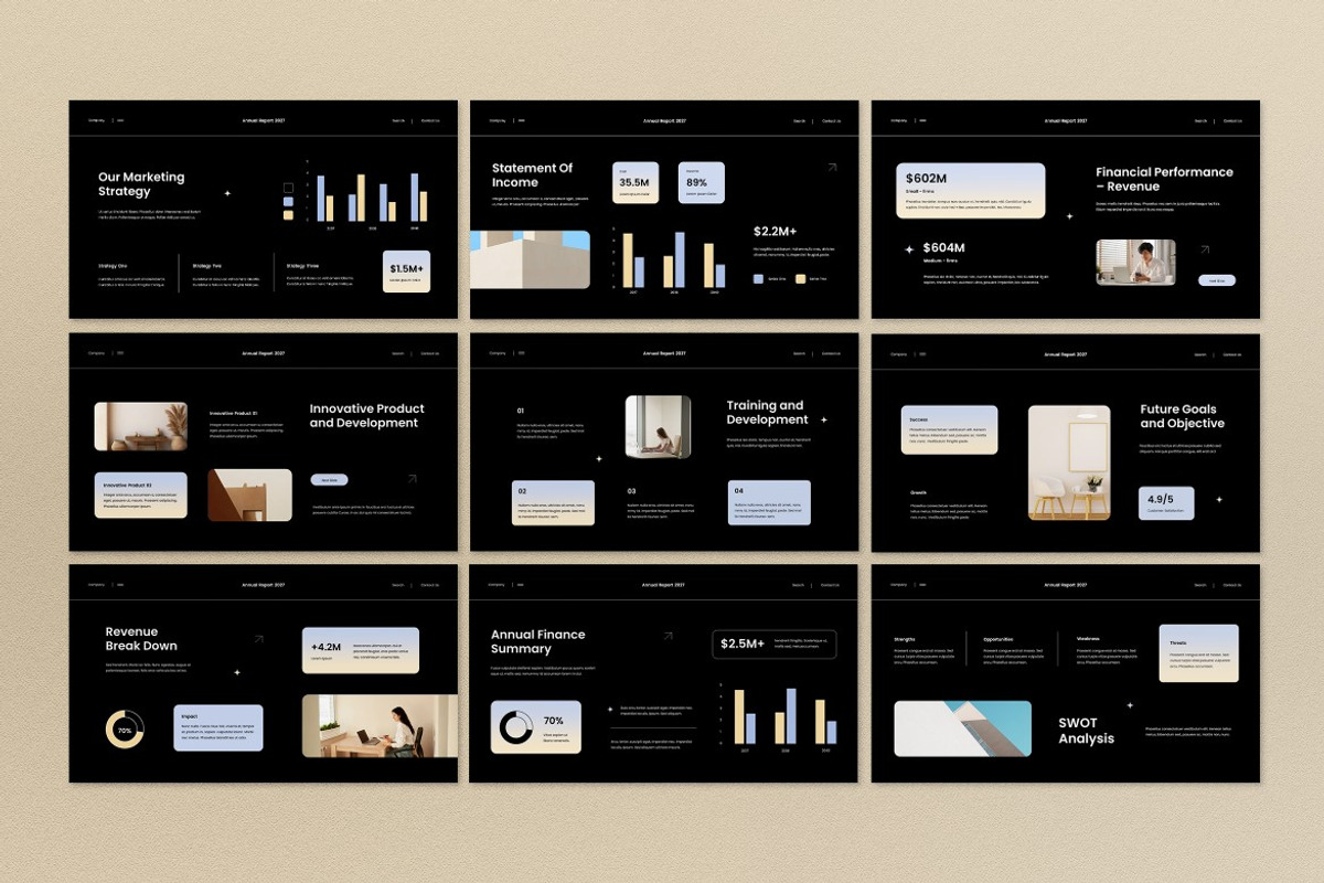 Black Cream Modern Annual Report PPT, a Presentation Template by graphicook (Photo 3 of 4)
