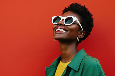 Woman smiling in front of red wall, a Photo by Beautiful things