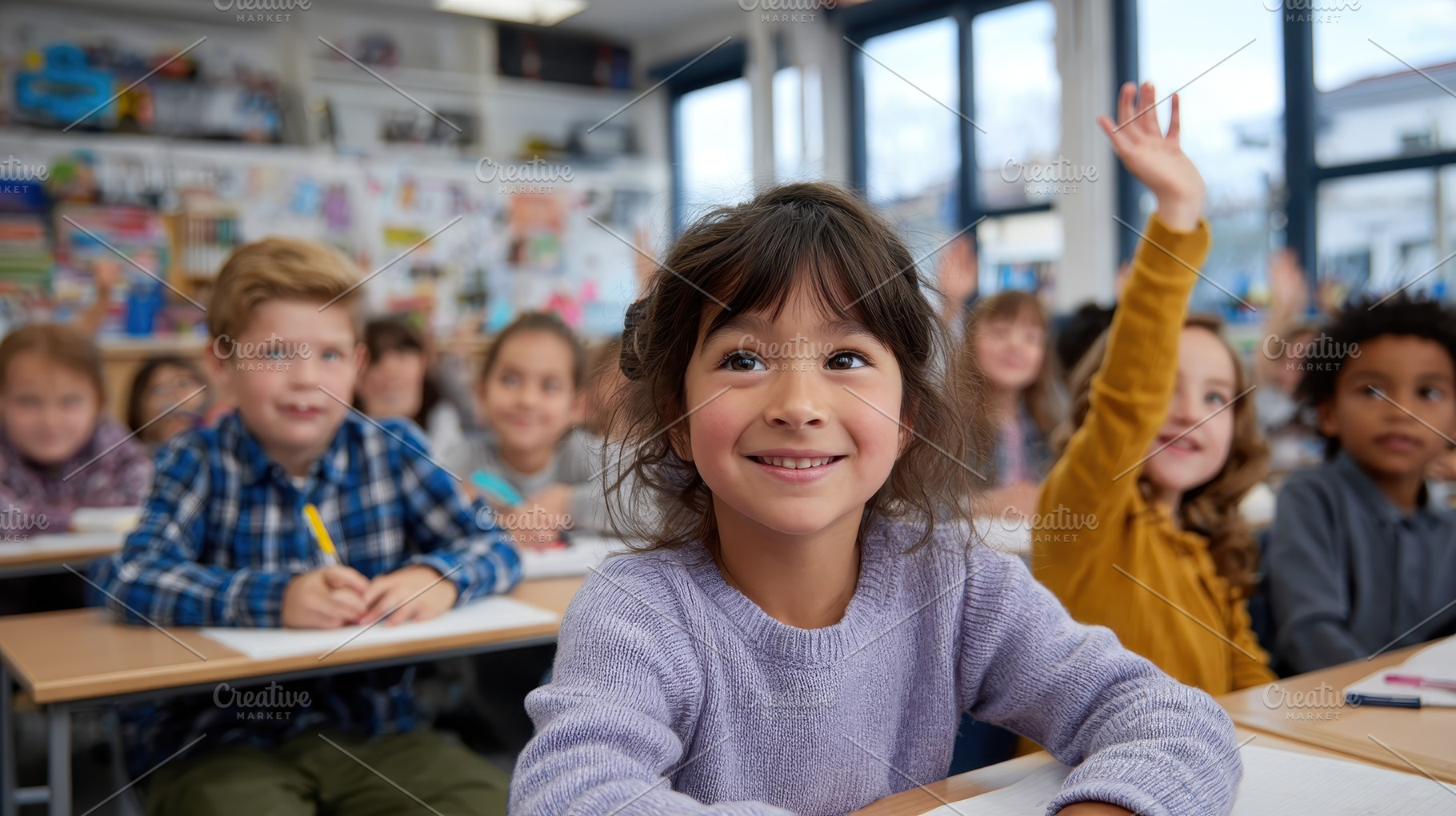Girl raises hand in classroom happy, a Photo by Pixeness Studio