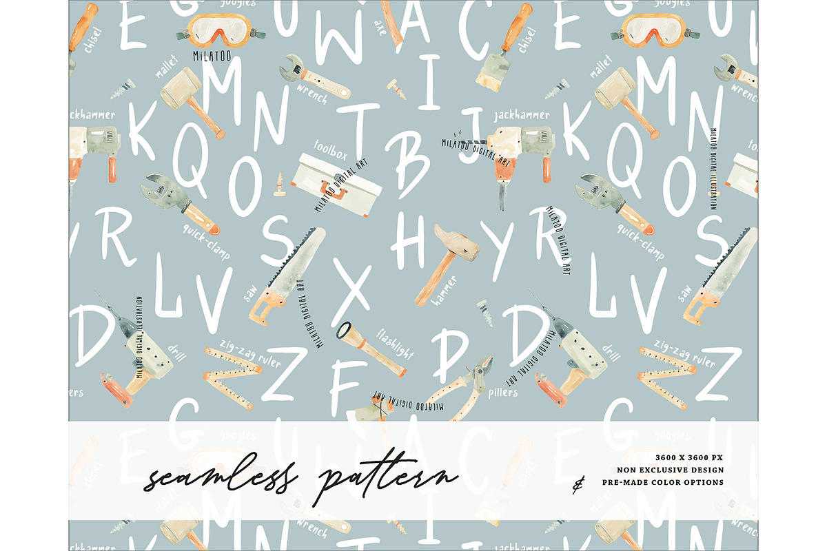 Handyman tool seamless pattern kids, a Pattern Graphic by Milatoo (Photo 1 of 5)