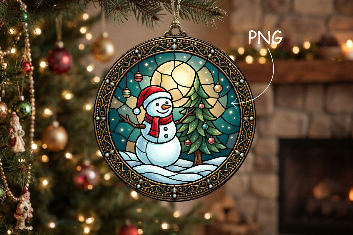 Stained Glass Snowman Tree Ornament, a Seasonal Illustration by CrexoraLab (Photo 1 of 3)