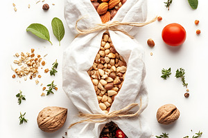 Mixed nuts and seeds in cloth pouche, a Food & Drink Photo by Photostock
