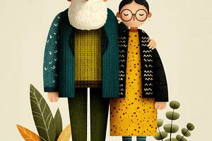 Charming Folk Illustration of Elderly Couple Standing Together w, a Food & Drink Photo by José Manuel Gelpi
