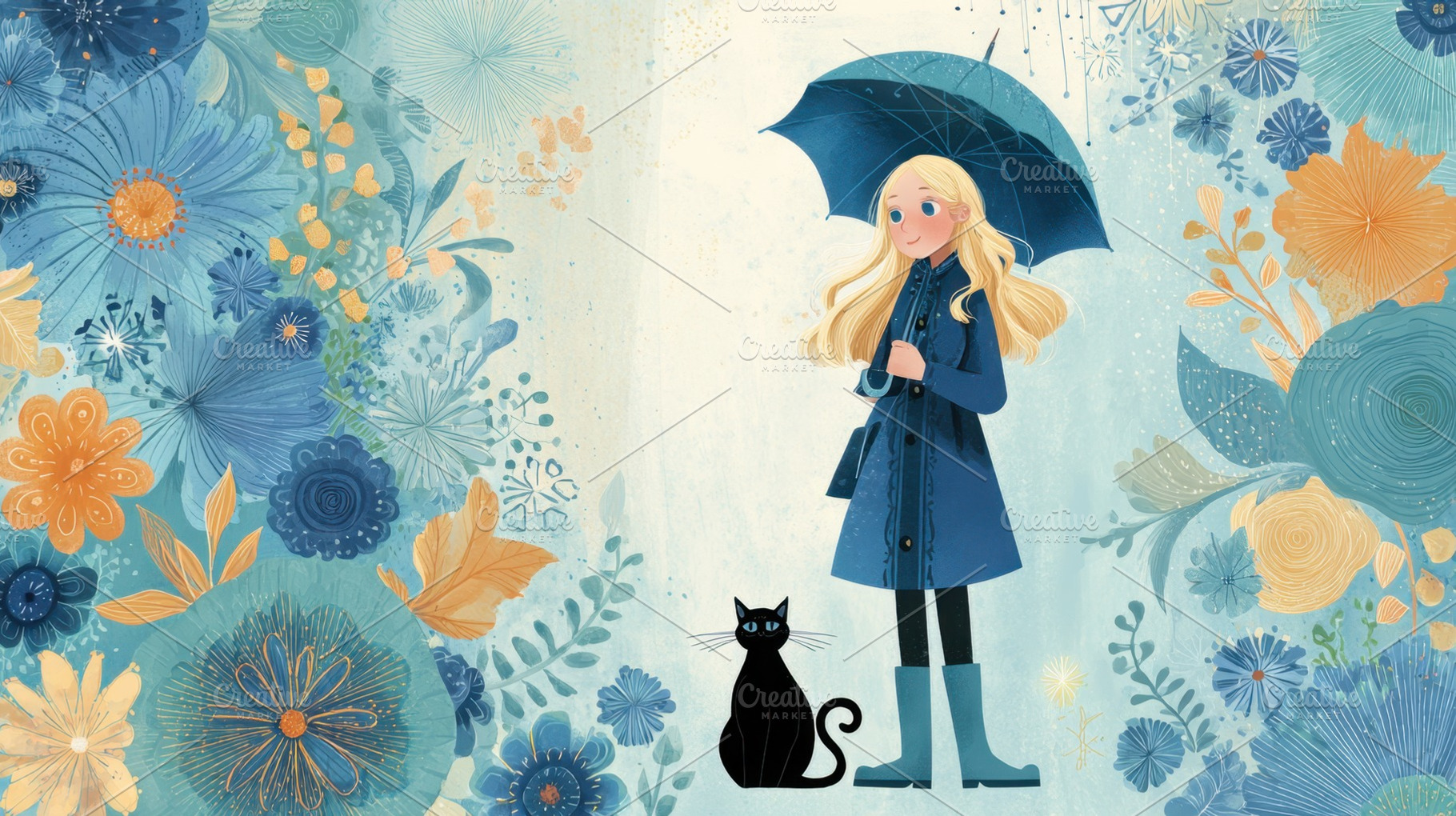 Girl, black cat, blue umbrella, a Photo by Beautiful things