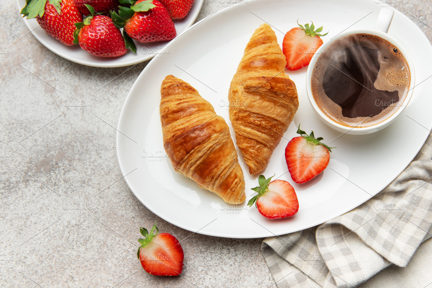 Delicious french breakfast with coffee, croissants and fresh str, a Food & Drink Photo by Olena Rudo