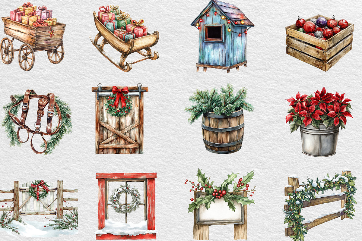 Vintage Christmas Farm Clipart, an Illustration by Black Bird Studio (Photo 5 of 6)