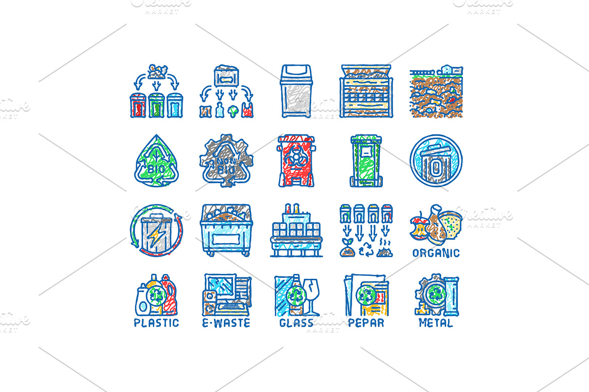 waste sorting garbage plastic icons, an Object Illustration by pikepicture