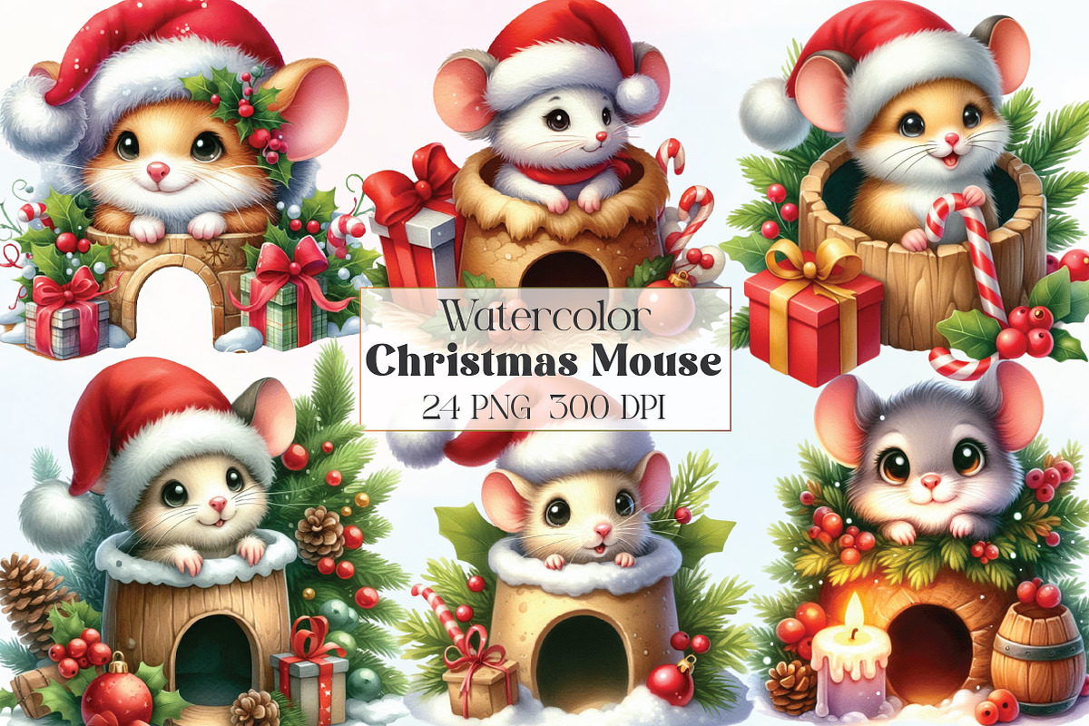 Watercolor Christmas Mouse Clipart, a Work Illustration by CraftArtStudio (Photo 1 of 6)