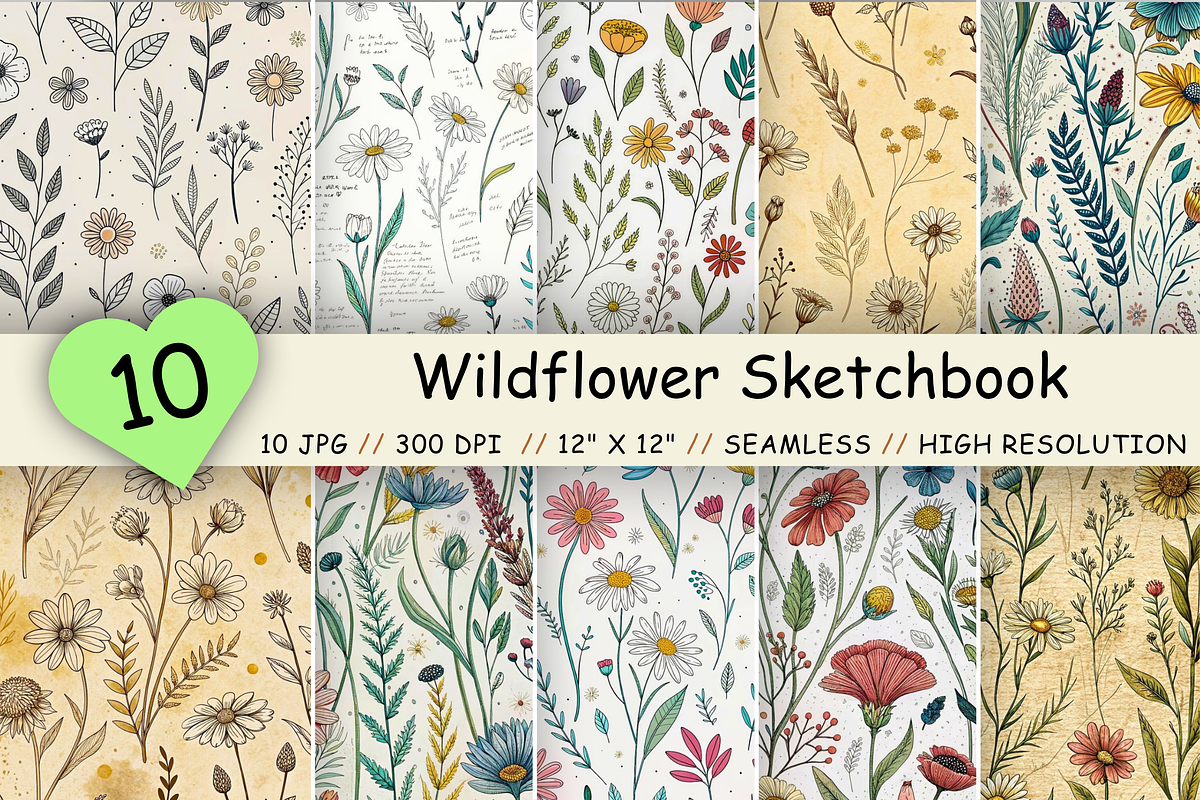 Wildflower Sketchbook Doodle Pattern, a Pattern Graphic by FloridPrintables (Photo 1 of 7)