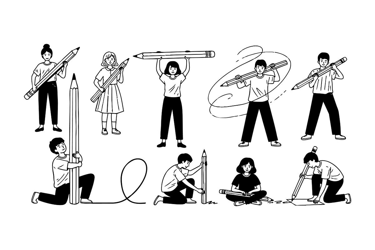 Kids With Giant Pencil SVG Set, an Illustration by designvectx (Photo 2 of 3)