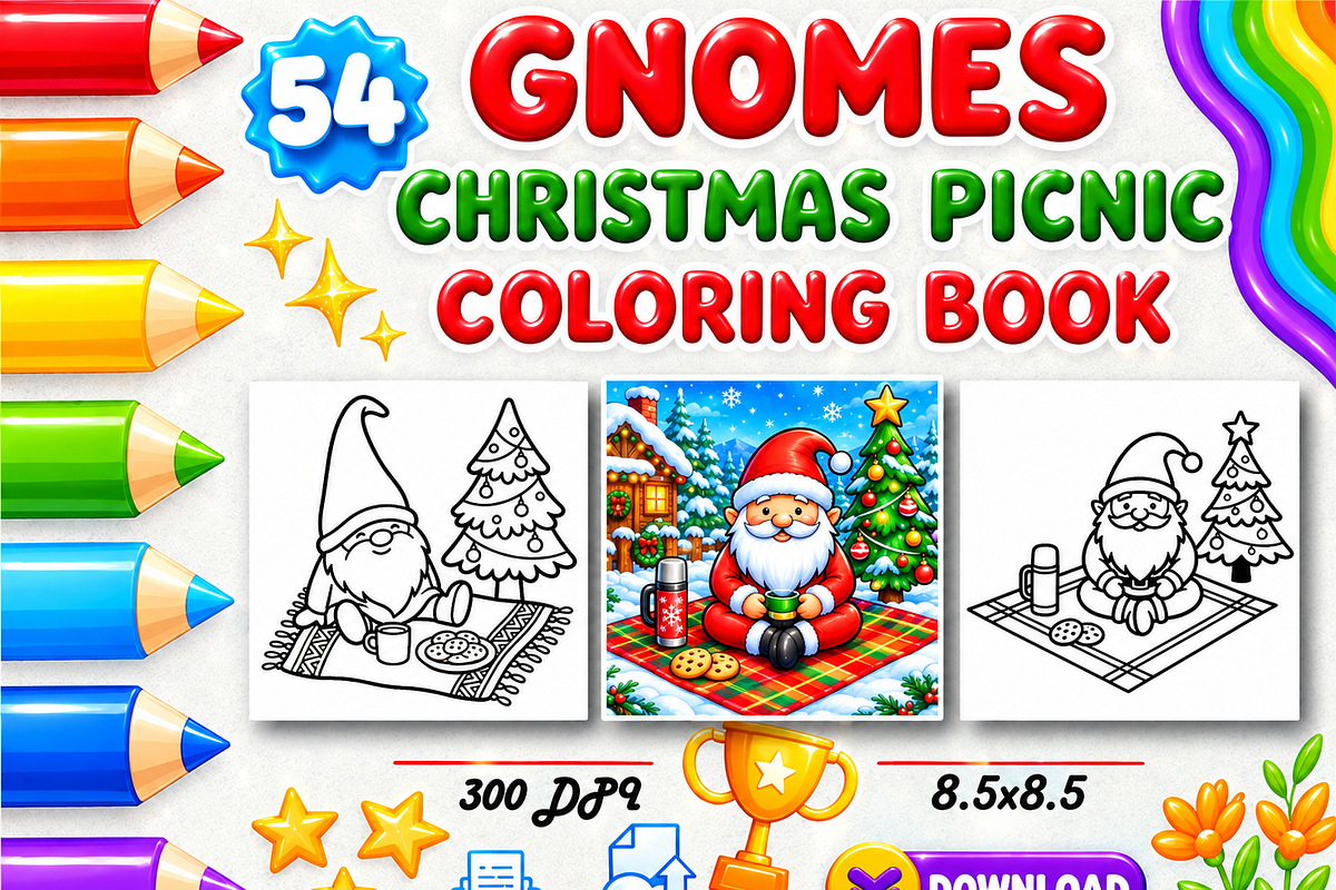 Gnomes Christmas Picnic Coloring, a Seasonal Illustration by Design Zone (Photo 1 of 5)