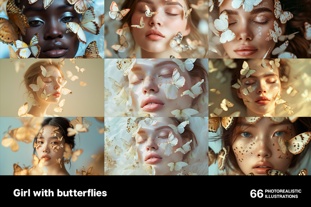 Girl with butterflies. 66 images, a Person Illustration by Handmadefont (Photo 9 of 14)