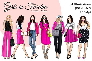 Girls In Fuchsia- Light Skin Clipart